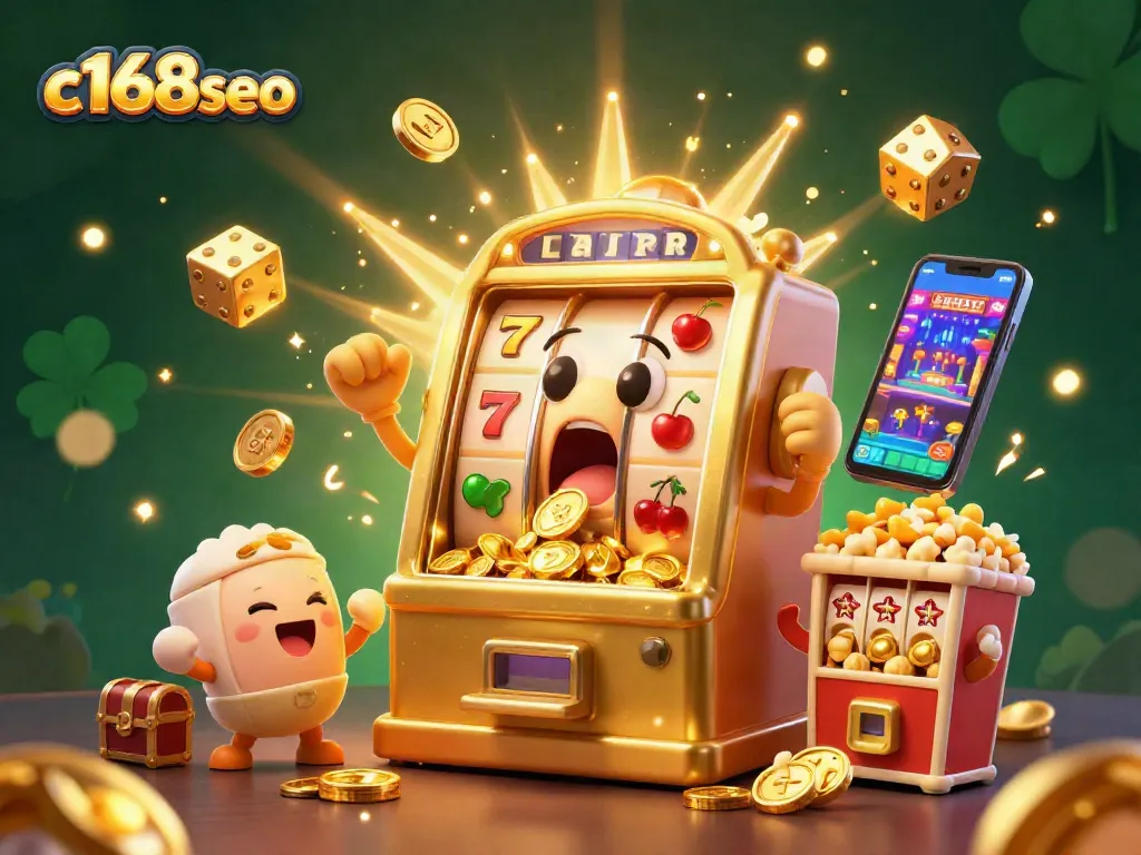 Experience the excitement of online slots with c168seo's golden slot machine hitting a jackpot, surrounded by cheering mini slots.
