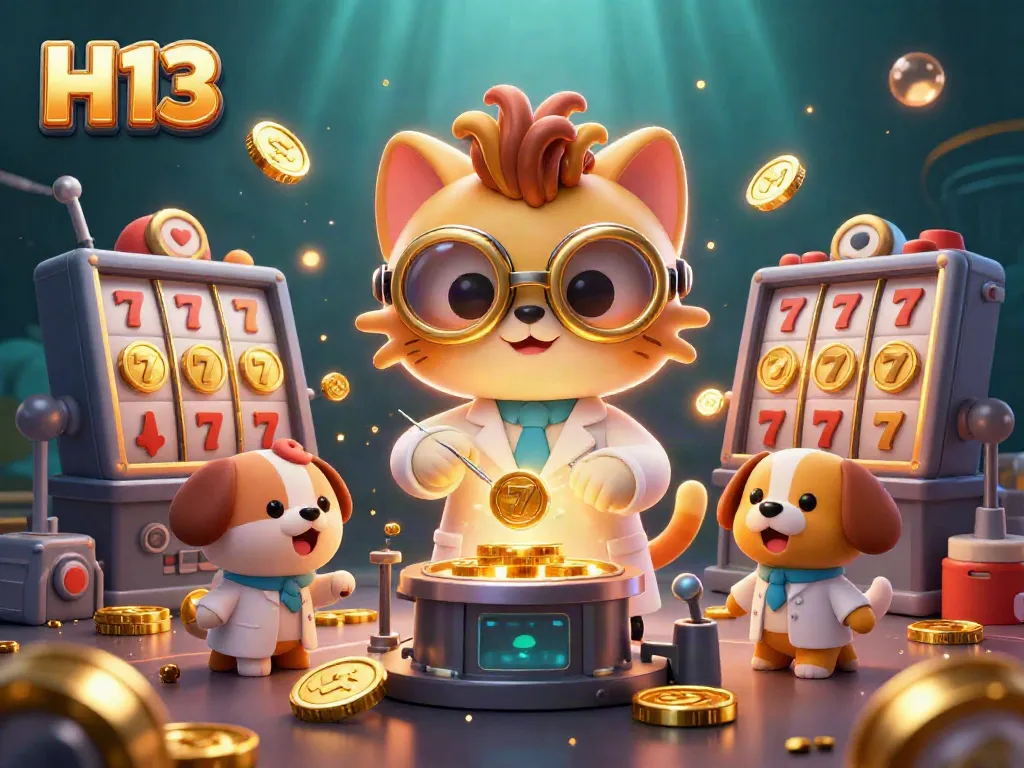 Experience excitement at H 13 with vibrant 3D slots and characters celebrating wins.