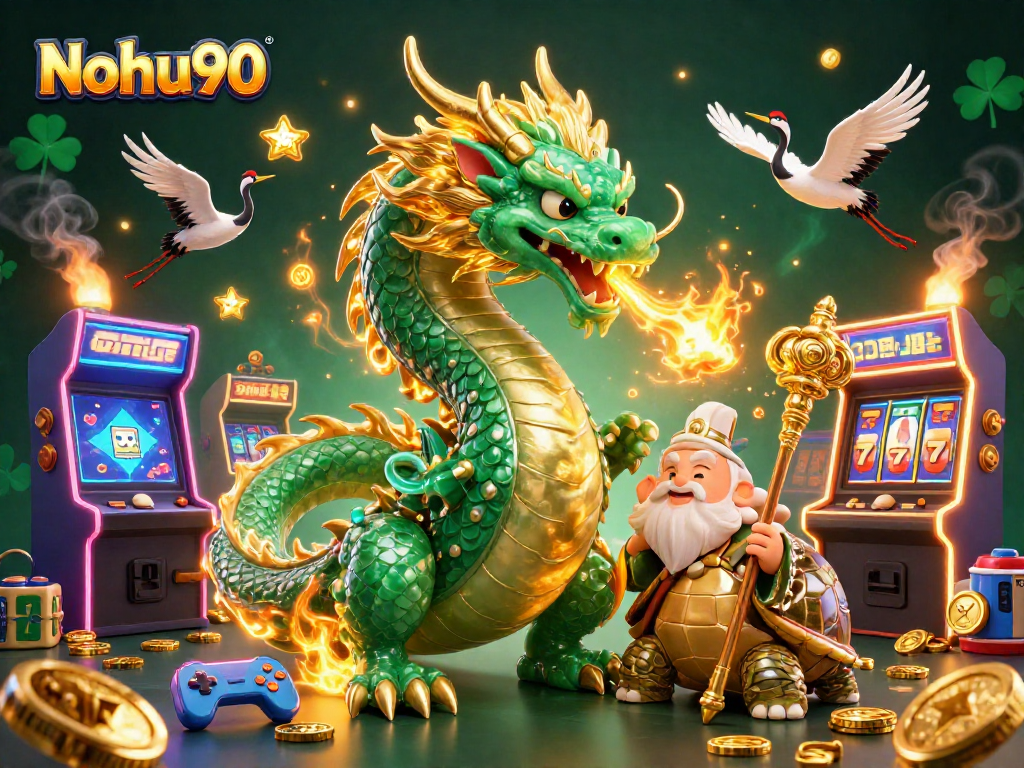 Nohu90 showcases an emerald jade dragon and lucky cranes in an engaging casino atmosphere with vibrant elements.