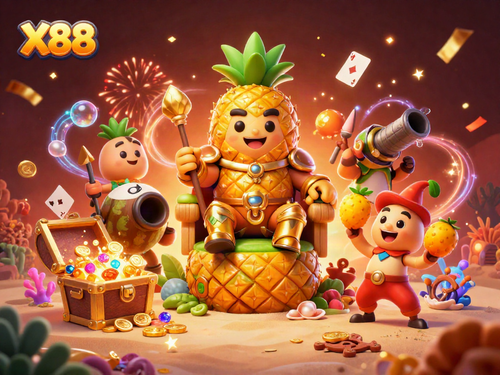 X88 engages players with thrilling beach casino adventure featuring a golden pineapple king.