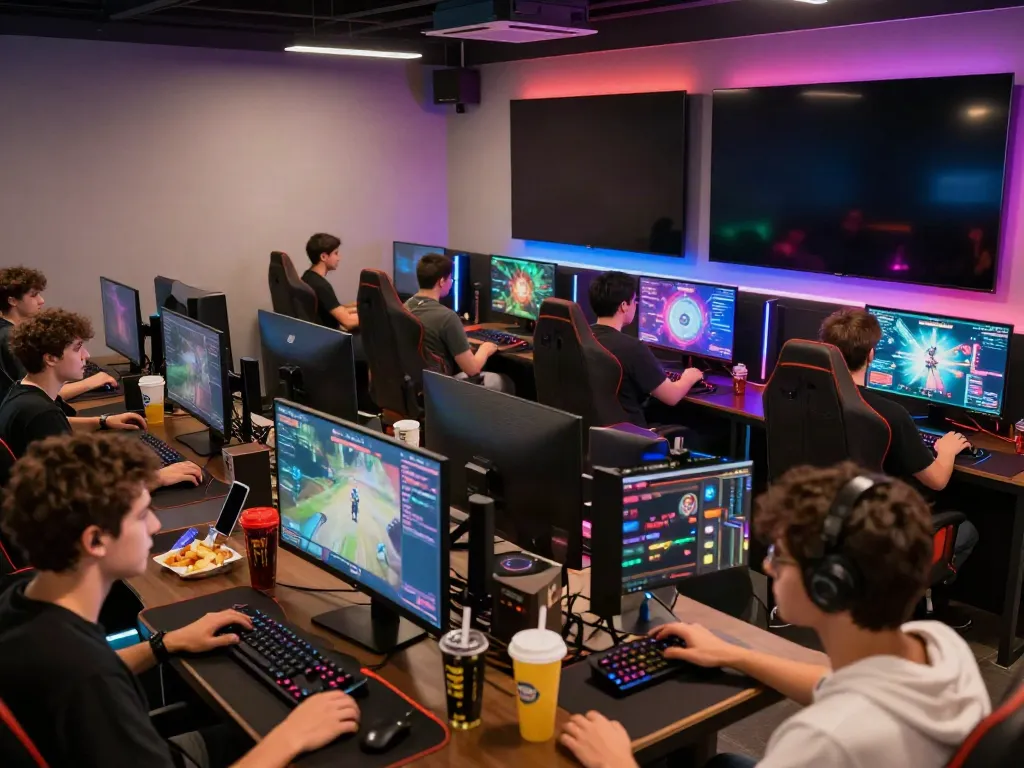 Modern gaming lounge with players enjoying online games at https://manclub1.jp.net/ in a vibrant setting.