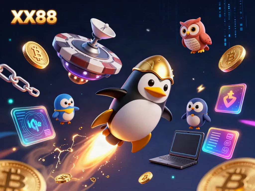 Experience the thrill of gaming with XX88 as a golden penguin blasts through a casino-themed galaxy.