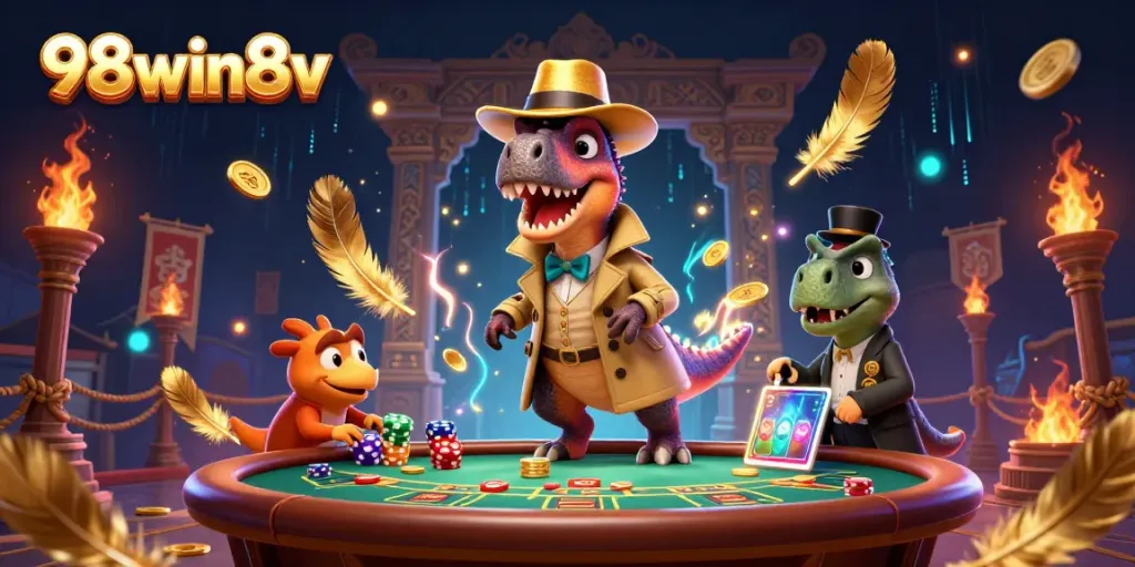 Engage in thrilling casino action with 98win8v, featuring a cartoon velociraptor and stegosaurus at a blackjack table.