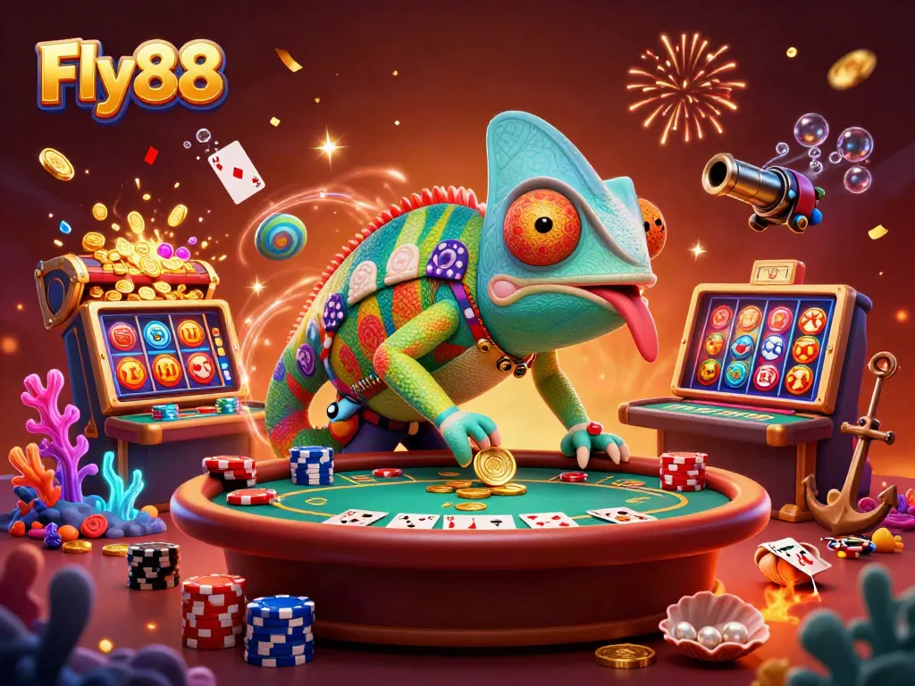Fly88 casino owner chameleon capturing coins amidst vibrant gaming elements in a colorful scene.
