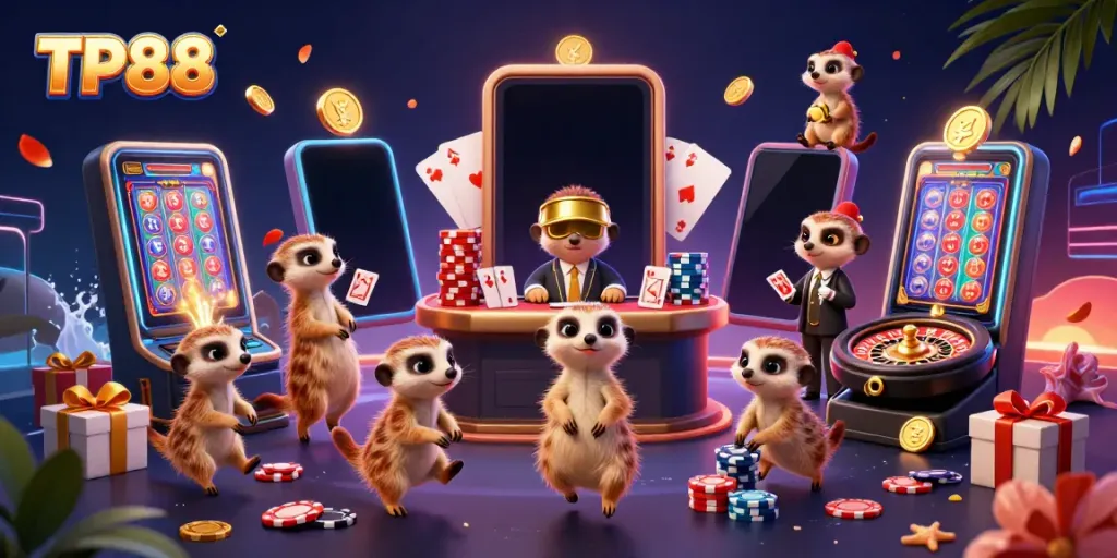 TP88 showcases a meerkat casino operation with a pit boss in action and colorful gameplay.