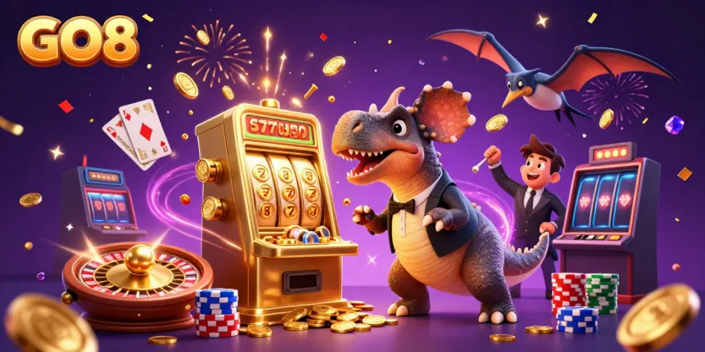GO8's exciting jackpot scene with a pachycephalosaurus and colorful casino elements.