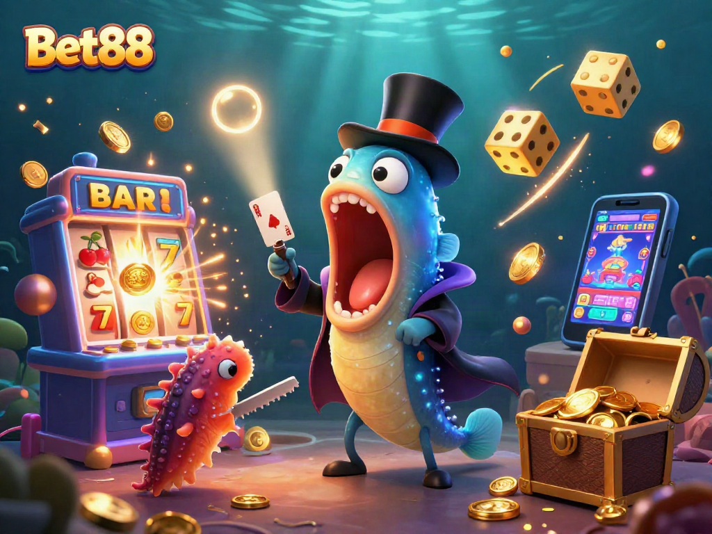 Experience Bet88's exciting casino magic with a vibrant illustration of a gulper eel performing tricks.