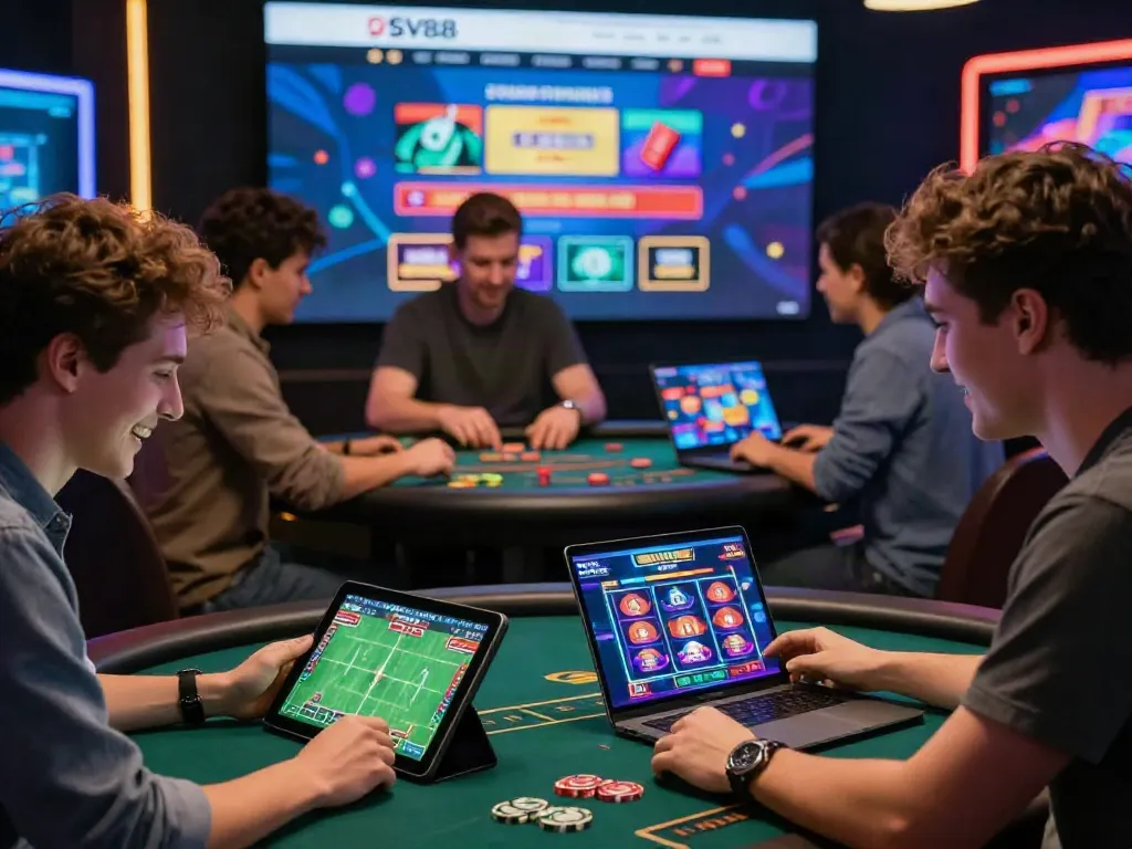 Exciting SV88 online gaming scene with diverse players engaged in sports betting and live casino.