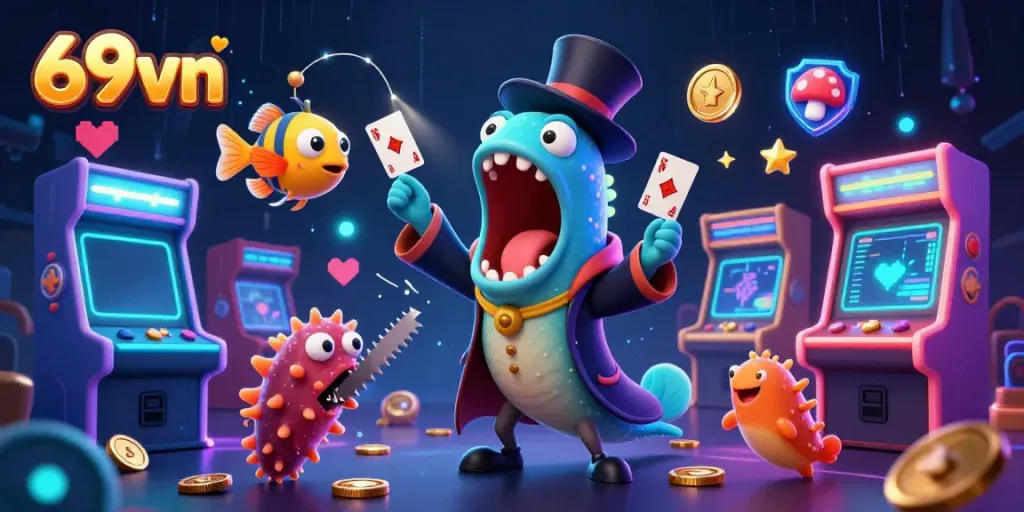 Engage with 69vn's vibrant casino scene featuring animated underwater characters performing magical card tricks.