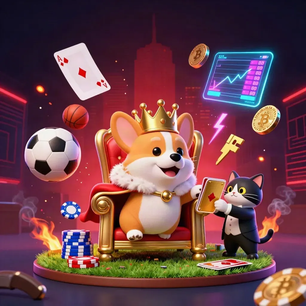 Neon casino corgi king and cat butler amid flying sports balls, coins, chips, and electric sparks.