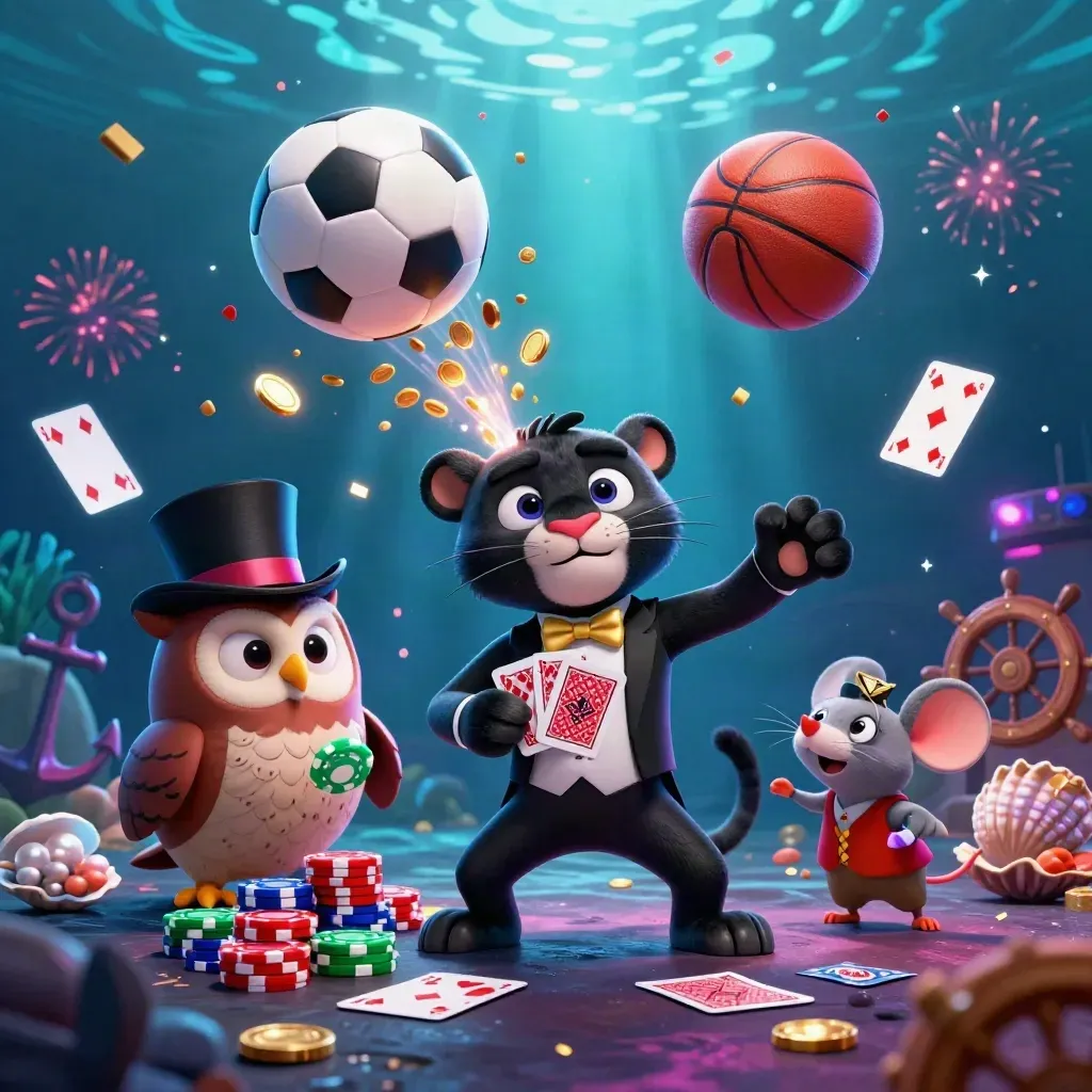 Panther, owl, and mouse in a neon underwater casino with cards, coins, and sports balls