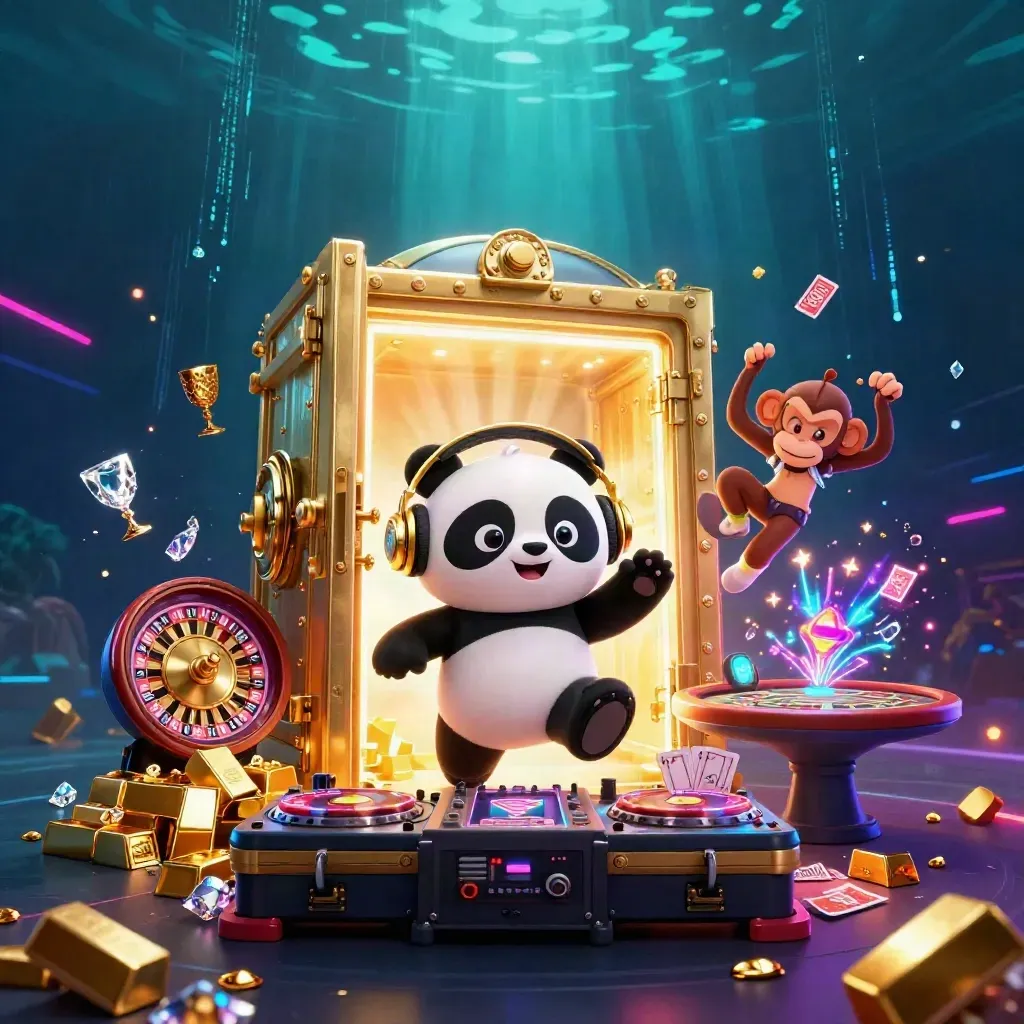 DJ panda, monkey, and kitten burst from a glowing treasure vault amid casino loot and neon light.