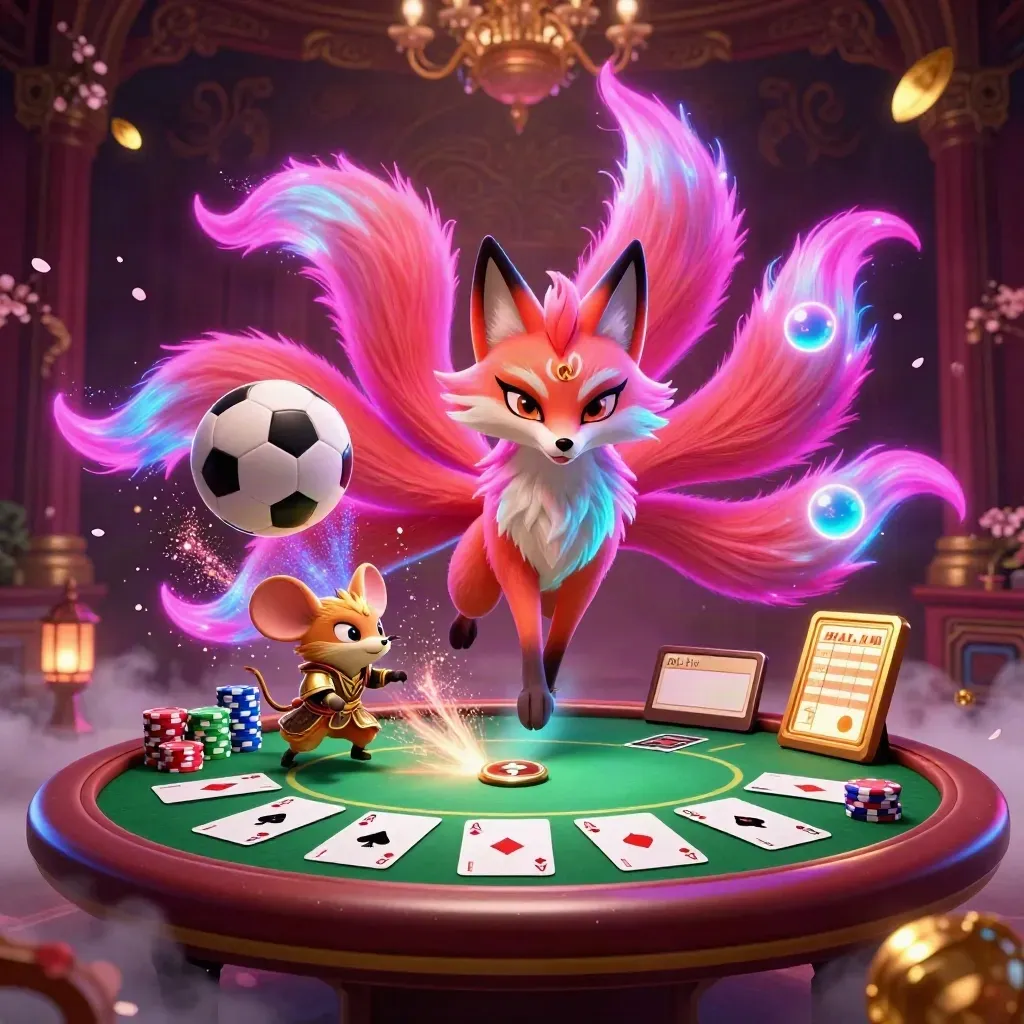 Neon fox spirit and samurai mouse amid poker chips, flying balls, damask glow, and casino lights.