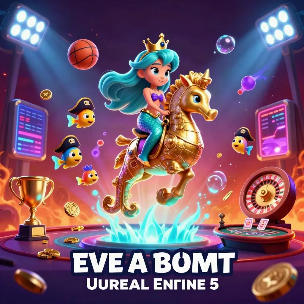 Mermaid princess on armored seahorse amid casino sports chaos, cyan glow, coins, cards, embers.