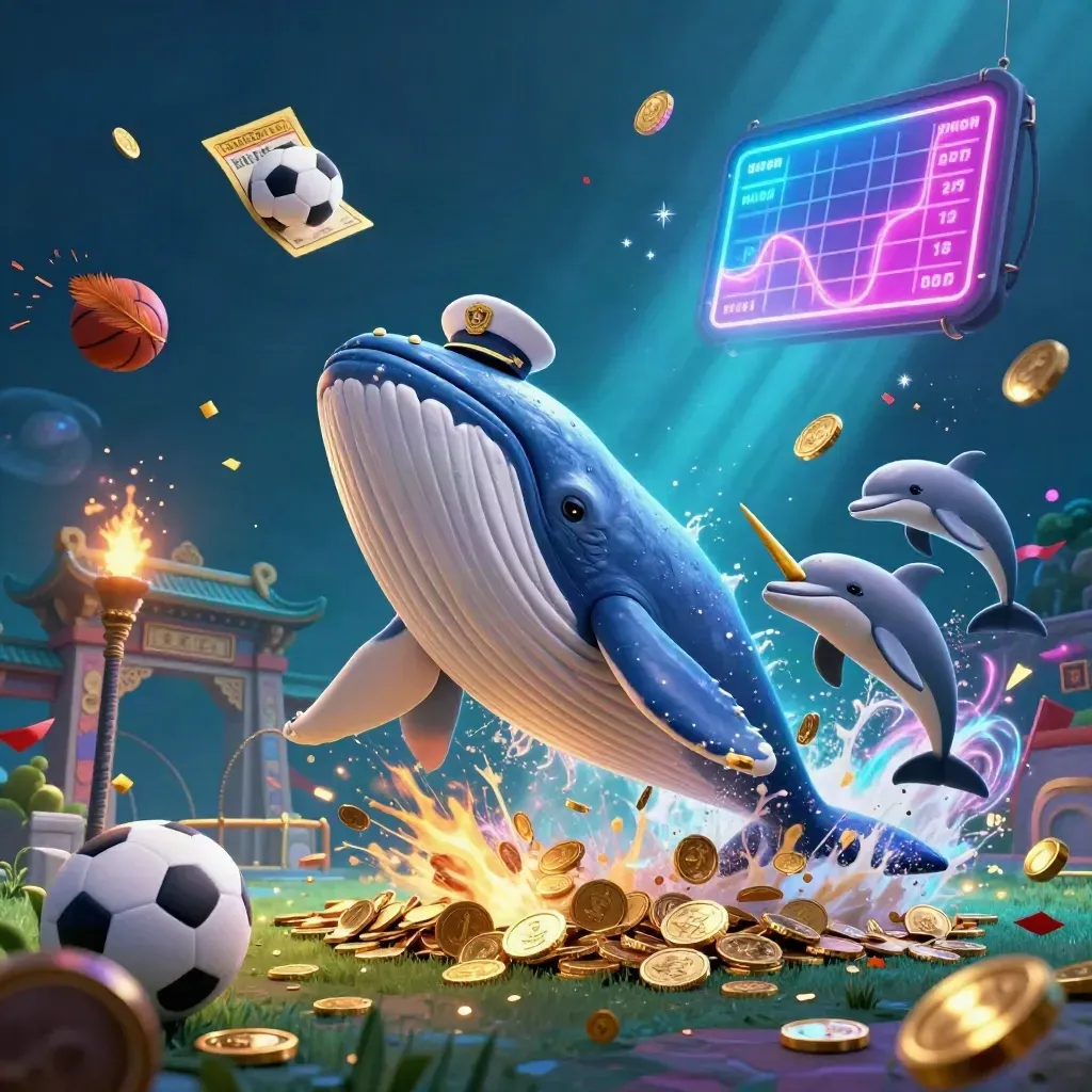 Neon underwater whale, narwhal, dolphins, coins, ring, balls, and fireworks in a premium game key art scene.