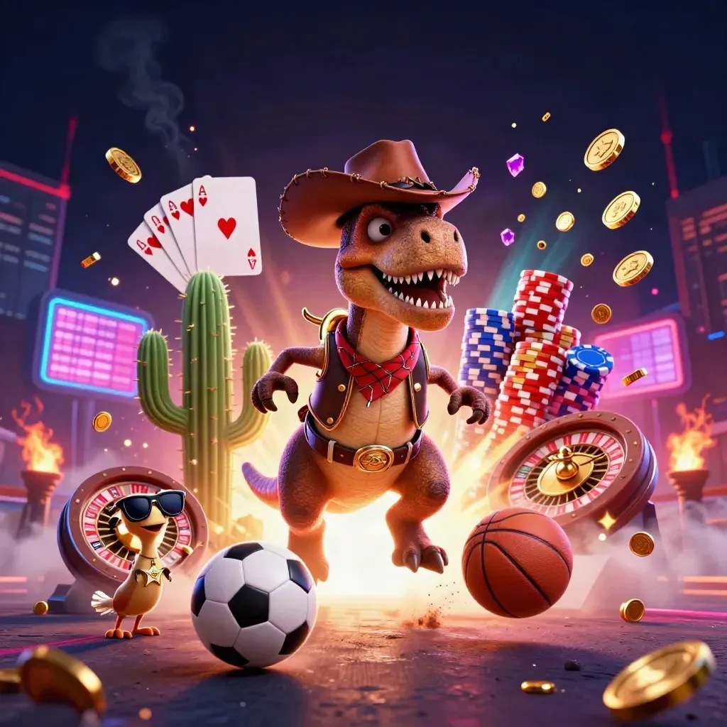 Cowboy T-Rex, cactus sidekick, and roadrunner amid casino sports chaos, coins, chips, cards, neon glow.