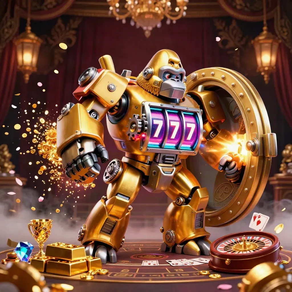 Golden gorilla mech and monkey pilot burst from a vault in a neon-lit casino room.