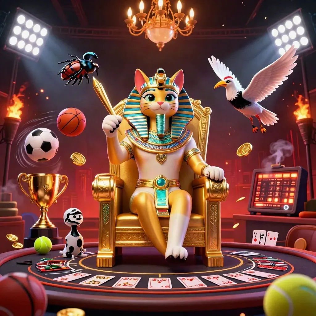 Pharaoh cat, ibis scribe, and gem-winged scarabs amid casino lights and sports balls.