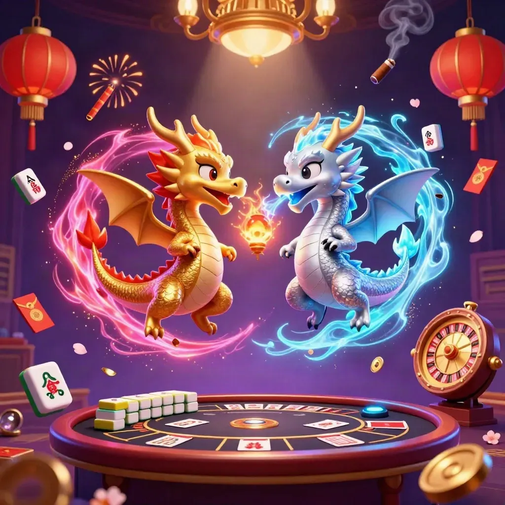 Gold and silver dragons spiral in neon casino magic with lanterns, coins, and a glowing dealer button.