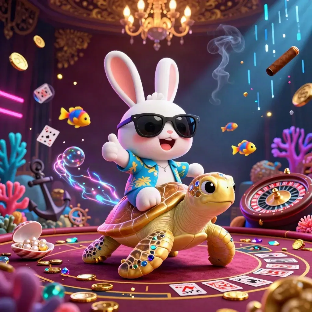 Lucky rabbit on a gold turtle amid neon casino treasure cove, fish, coral, and chandeliers.