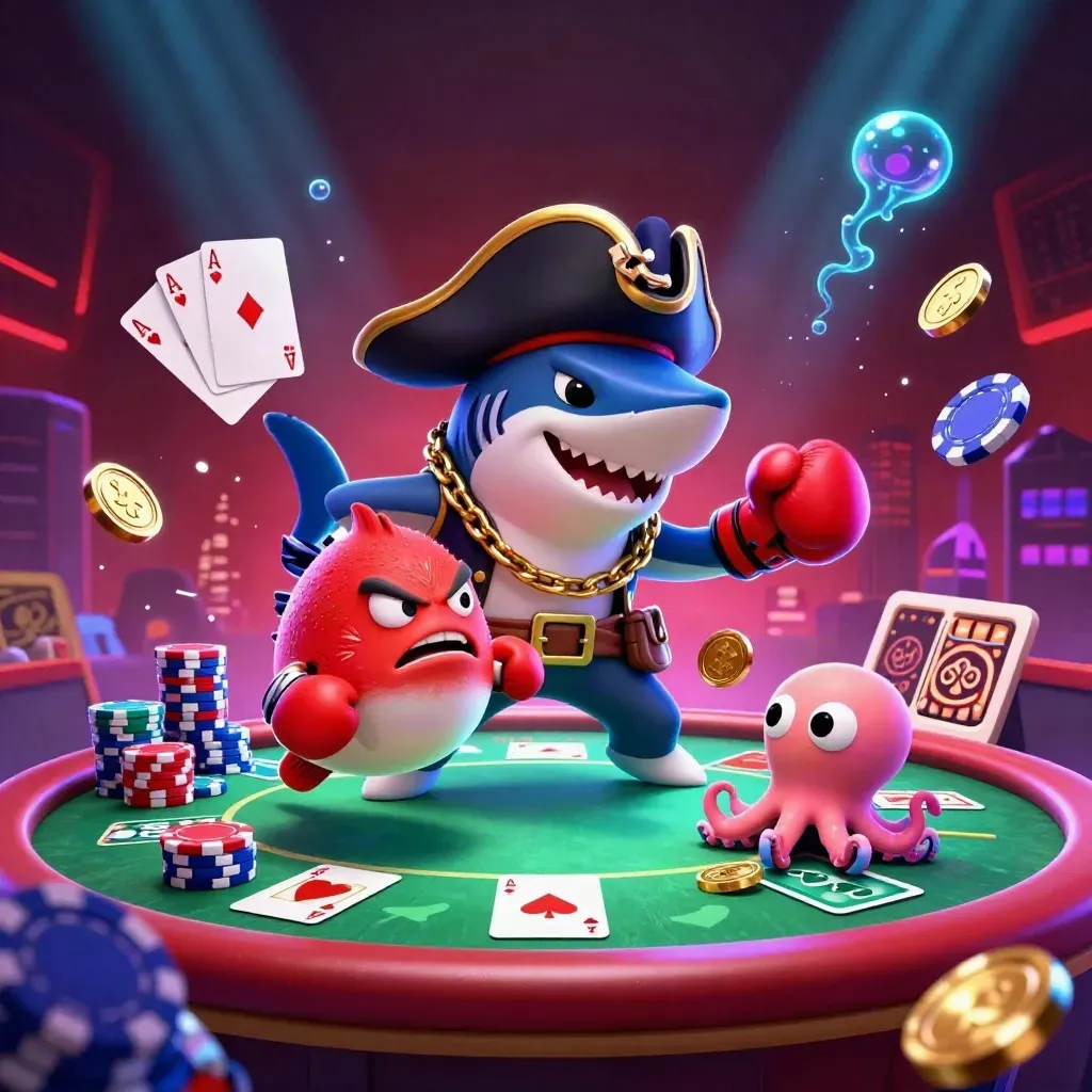 Shark pirate, boxing pufferfish, and juggling octopus amid neon poker chaos