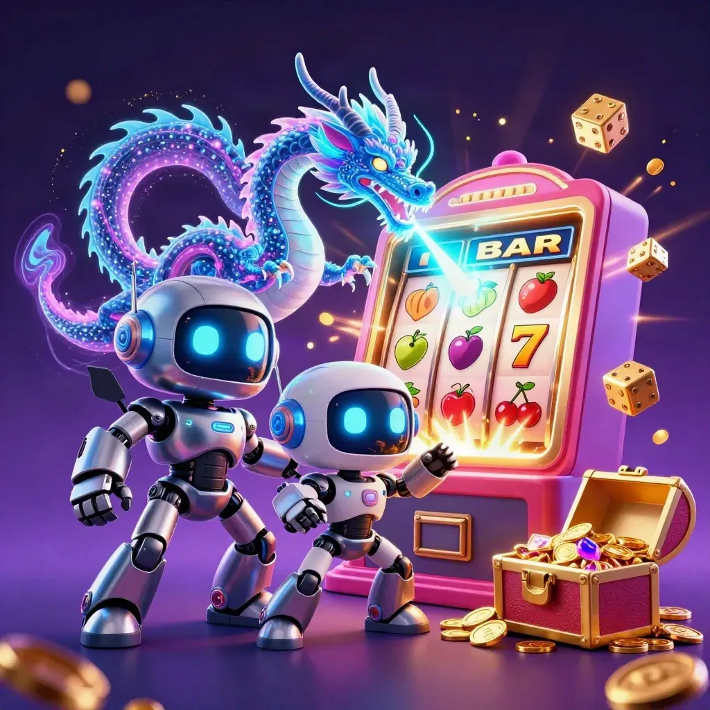 Cyberpunk robot, holographic dragon and coin drone explode from a slot machine with gold and cyan glow.
