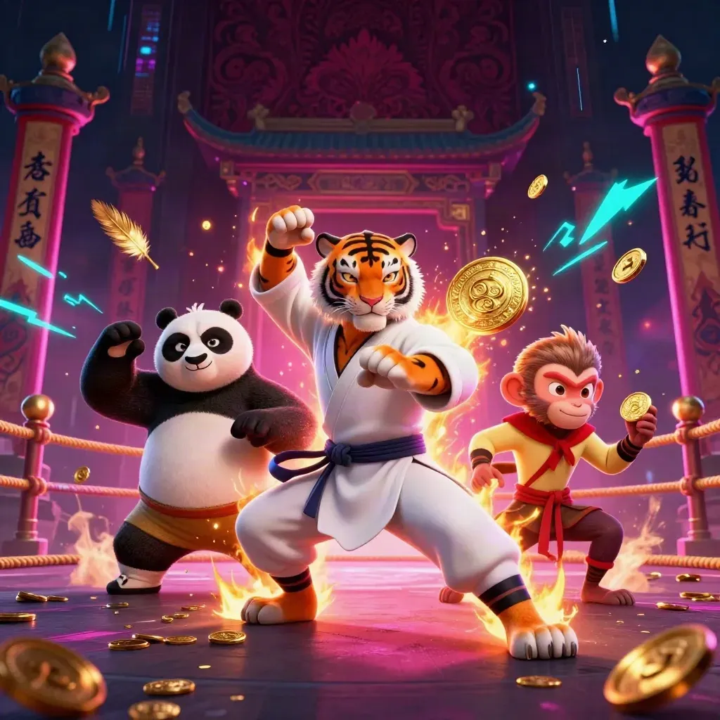 Kung-fu tiger, panda, and monkey in neon casino action amid gold sparks and temple glow.