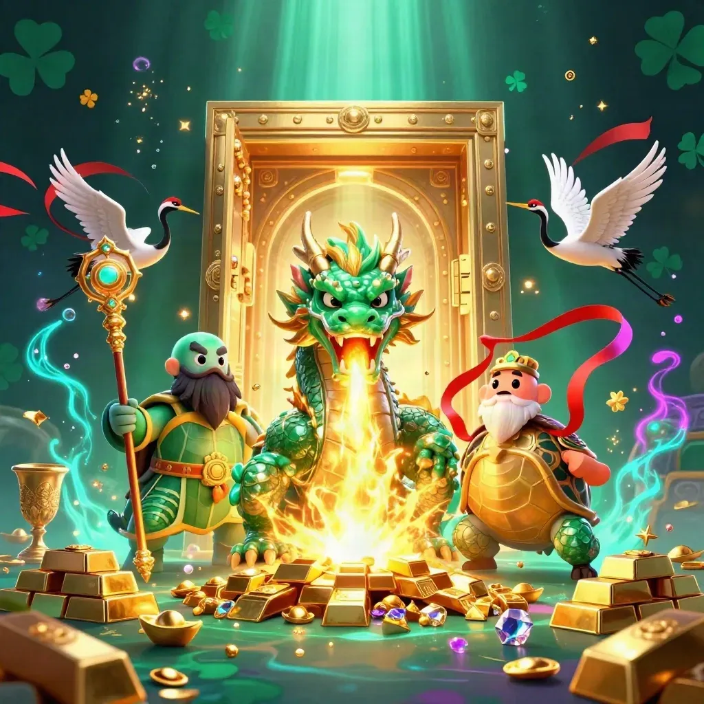 Emerald dragon, turtle sage, and red-ribbon cranes burst from a glowing treasure vault in neon light.