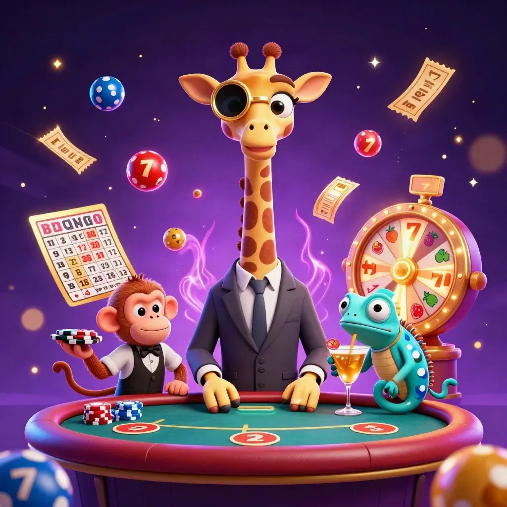 Giraffe, monkey valet and chameleon bartender at a glowing VIP poker table with casino effects.