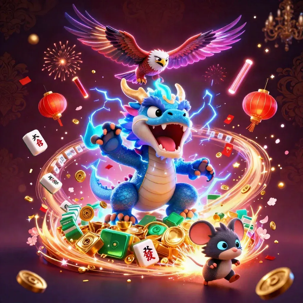 Thunder dragon, wind hawk, and static mouse amid neon treasure burst on a damask casino backdrop.
