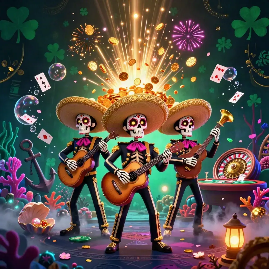 Three Day-of-the-Dead skeleton mariachi heroes amid gold coins, coral, cards, and neon casino fireworks