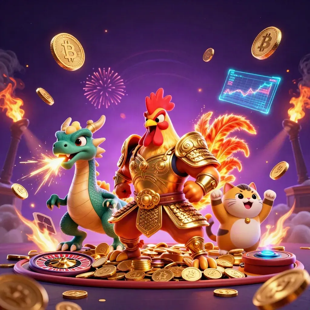 Rooster warrior, dragon hatchling, and fortune-cat amid coins, sparks, fireworks, and neon casino effects.