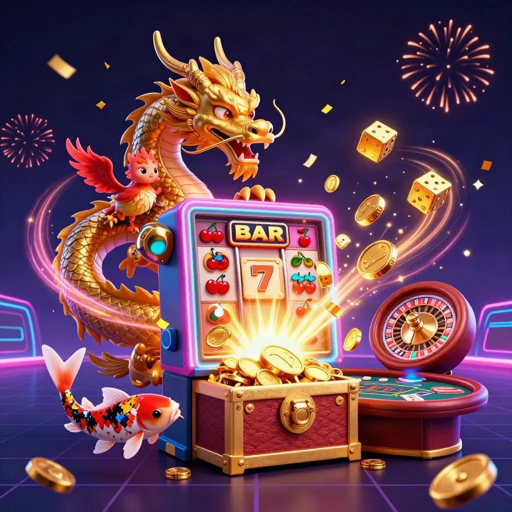 Golden dragon, phoenix and koi amid bursting slot machine, coins, fireworks, neon casino glow.