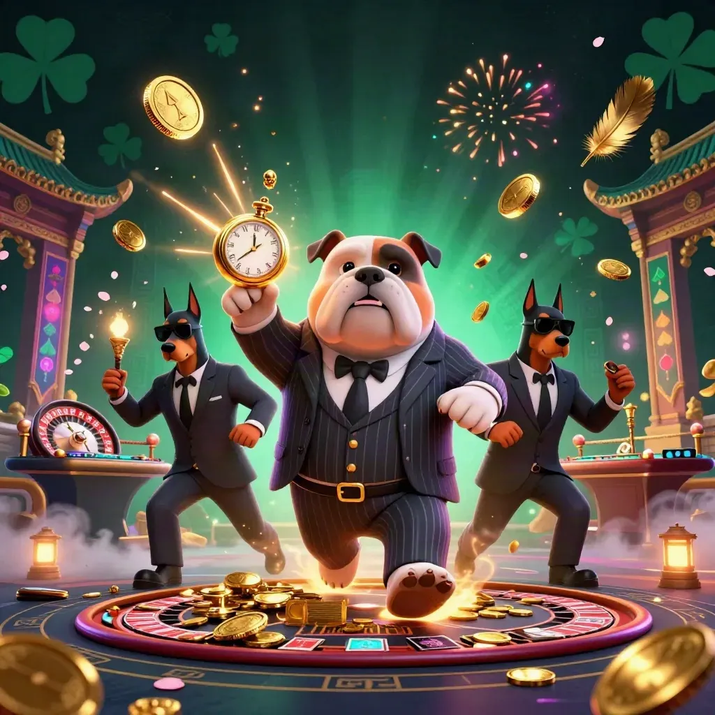 Bulldog casino boss with Dobermans amid coins, roulette wheel, temple gate, and neon glow.