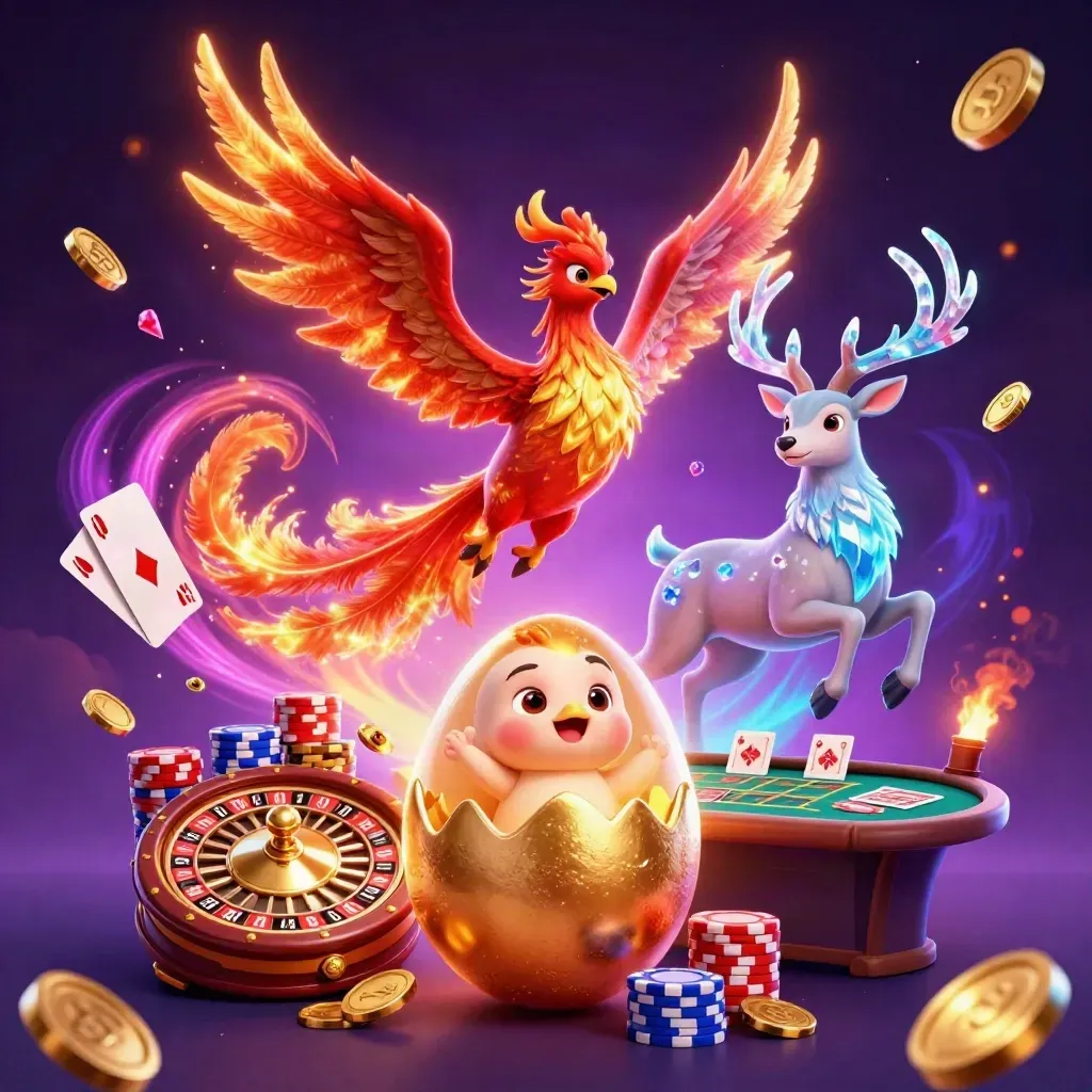 Phoenix, baby phoenix, and crystal stag amid casino coins, cards, and glowing wheels.