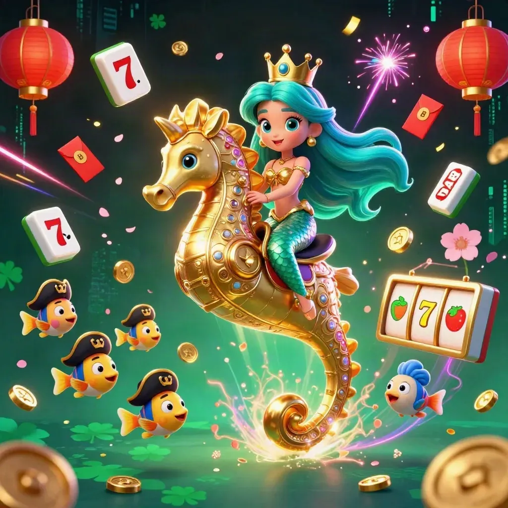 Mermaid princess on armored seahorse amid casino luck symbols and neon effects