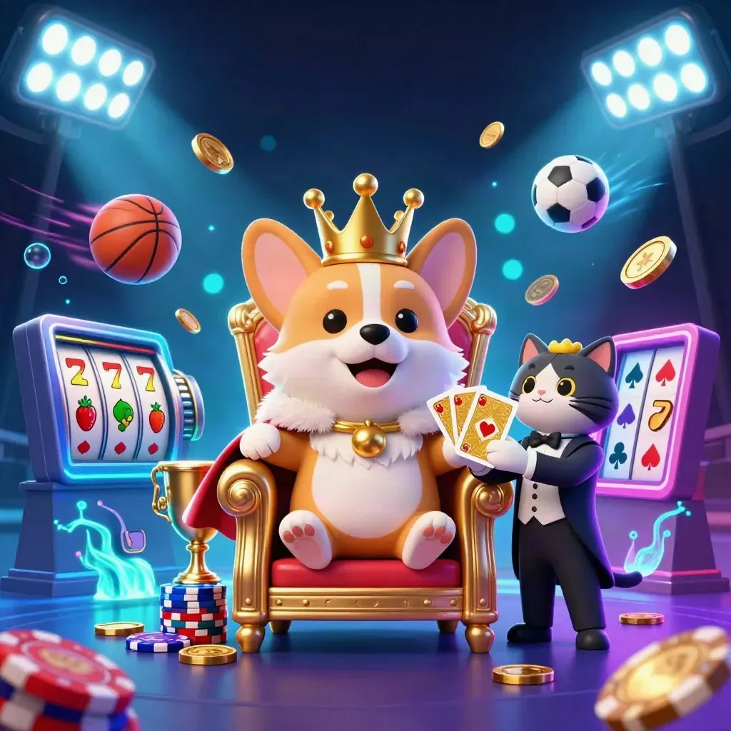 Crowned corgi and cat butler on poker-chip throne amid neon sports, coins, and casino glow.