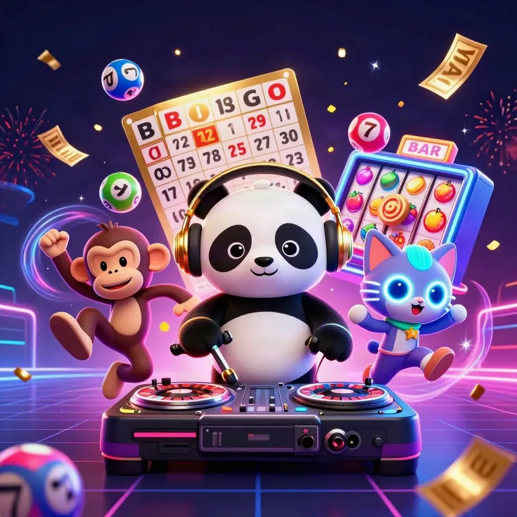 Neon DJ panda, dancing monkey, and rave kitten amid casino reels, balls, fireworks, and glowing effects