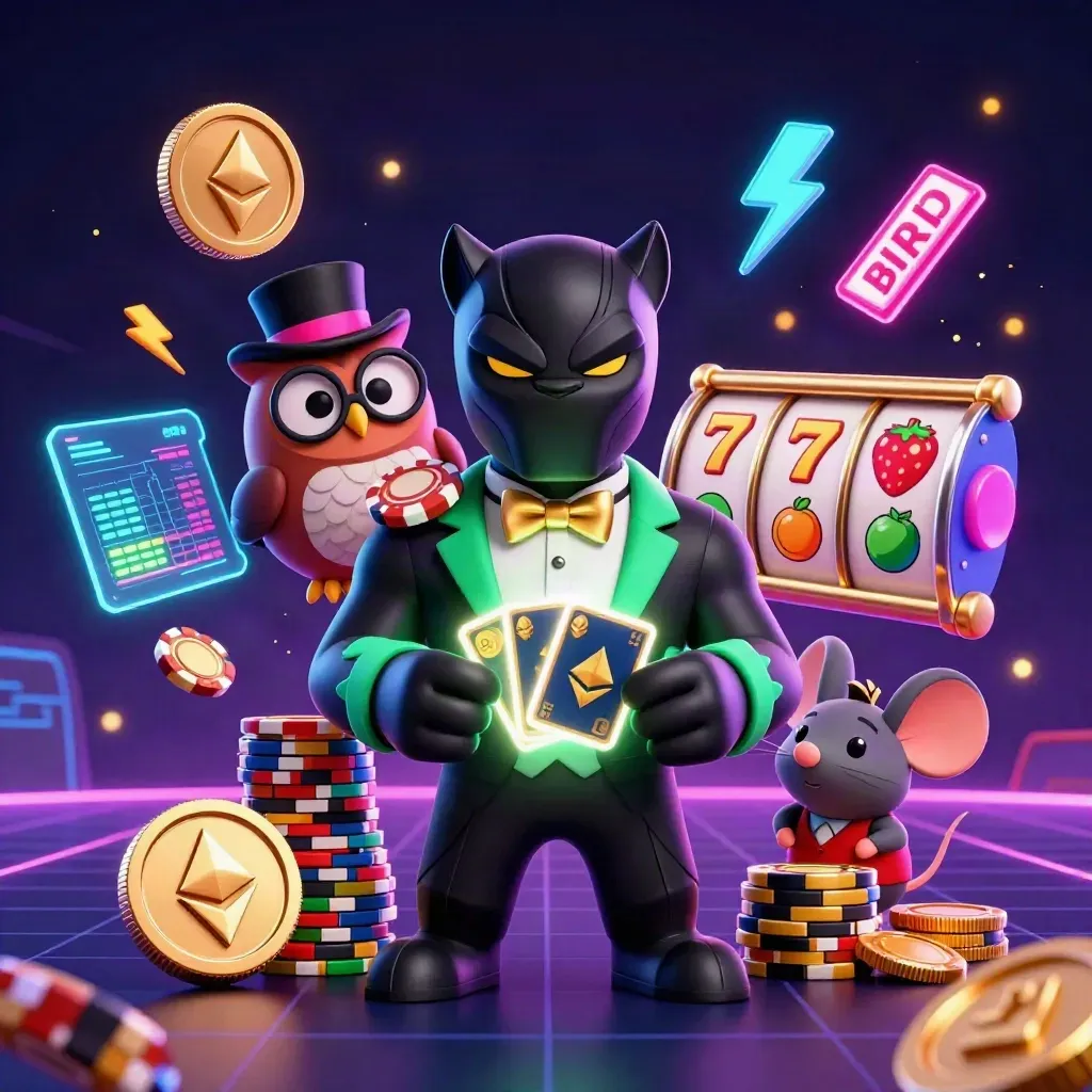 Panther, owl, and mouse casino heroes amid neon coins, lightning, reels, and jackpot glow.