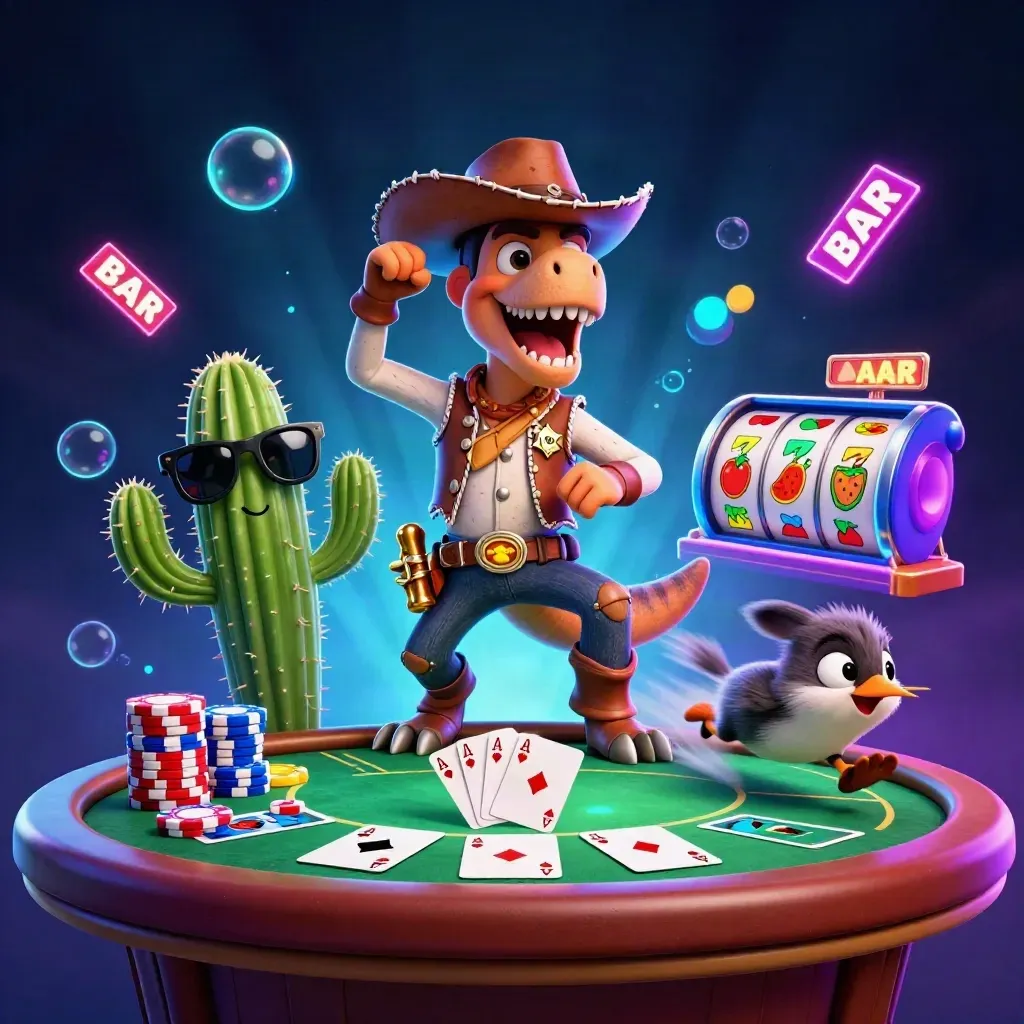 Cowboy T-Rex, cactus sidekick and roadrunner amid casino chips, cards and neon reels