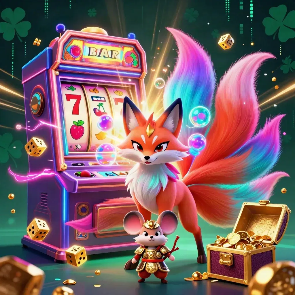 Neon fox spirit and samurai mouse amid exploding slot symbols and gold