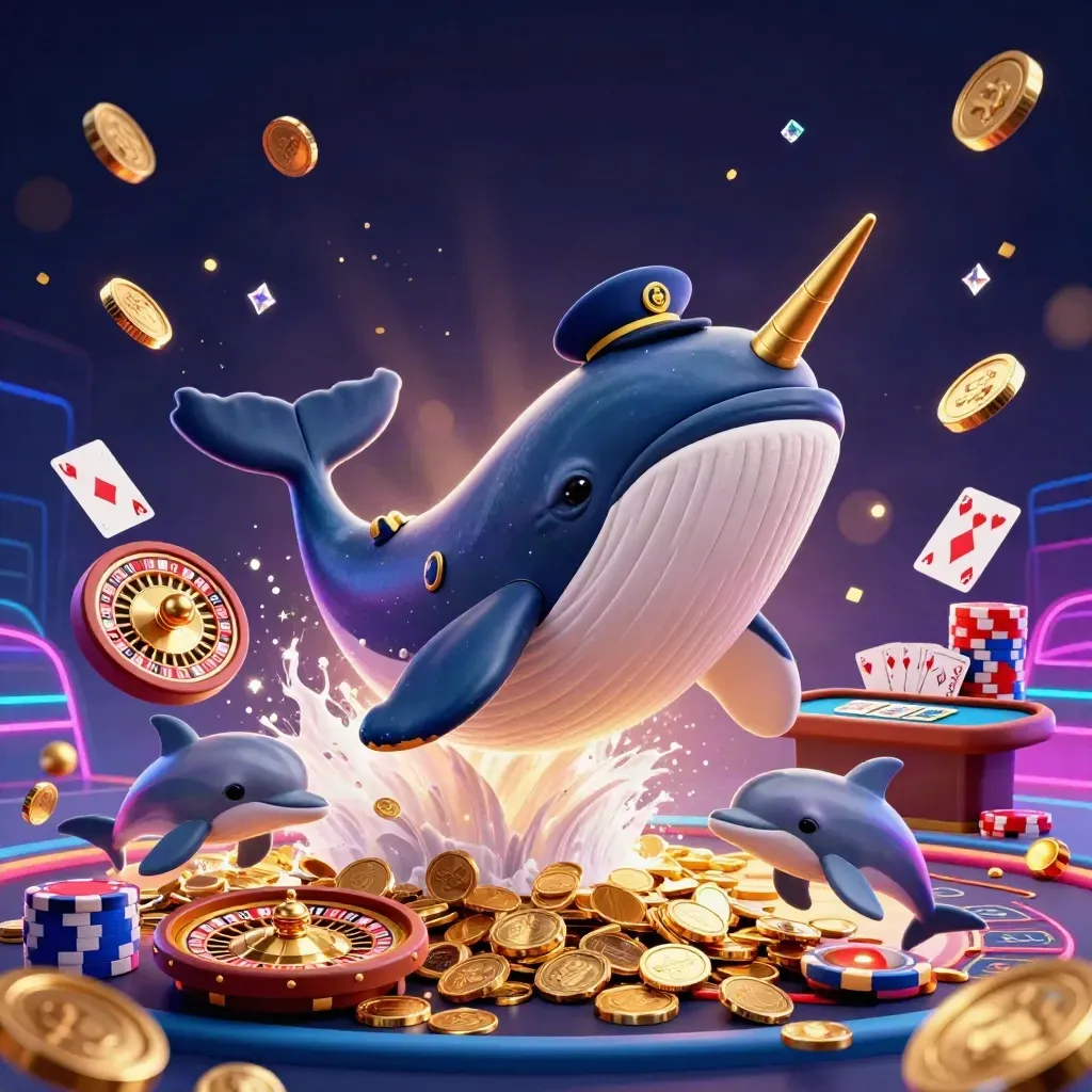 Whale captain, narwhal and dolphins amid coins, chips and a spinning roulette wheel.