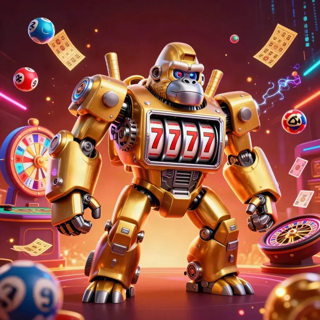 Golden gorilla mech with monkey pilot, casino props, neon sparks, and a roulette wheel in a crimson glow.