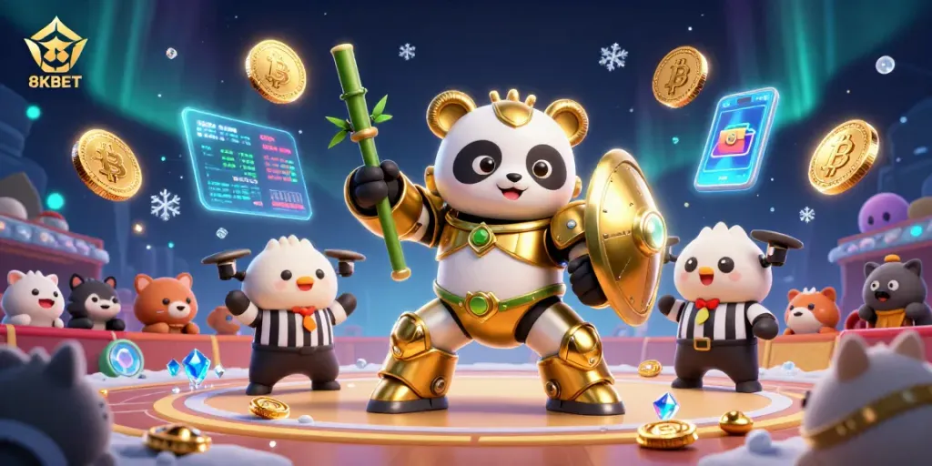 Engage with 8KBET's unique gaming experience featuring a golden panda robot and dynamic casino elements.