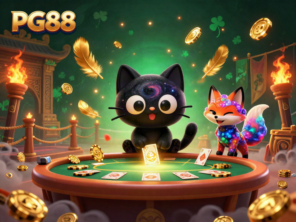 PG88 delivers an enchanting casino experience showcasing a vibrant scene with a cosmic cat and fox, pulling in golden chips.