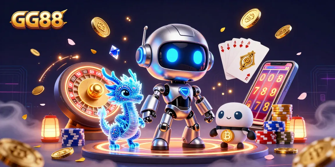 Experience thrilling gameplay with GG88 as a robot mascot spins the roulette wheel surrounded by floating coins.