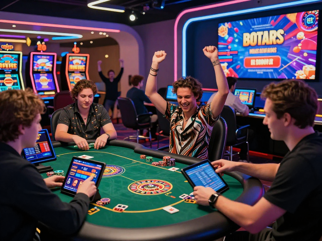 Giocatori felici in un moderno casinò online non AAMS, festeggiando vincite e godendo dell'atmosfera vivace.