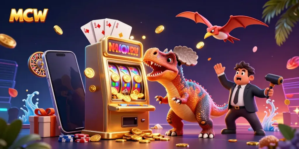 MCW's engaging casino illustration features thrilling action with a dinosaur, highlighting gaming excitement.