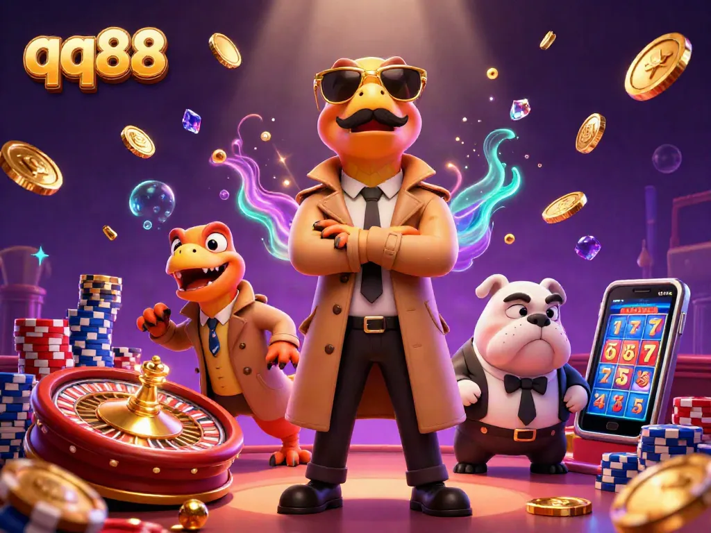 Experience thrilling gameplay at qq88 with a 3D scene of raptors entering a VIP casino lounge, surrounded by coins and gems.