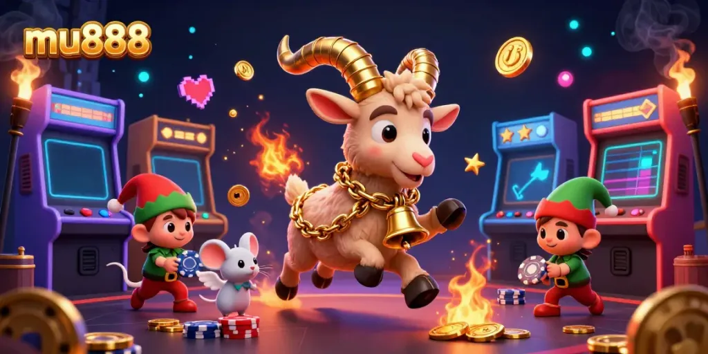 Experience the thrill of mu888 with a dynamic casino scene featuring Krampus, a mouse, and gremlins stealing poker chips.
